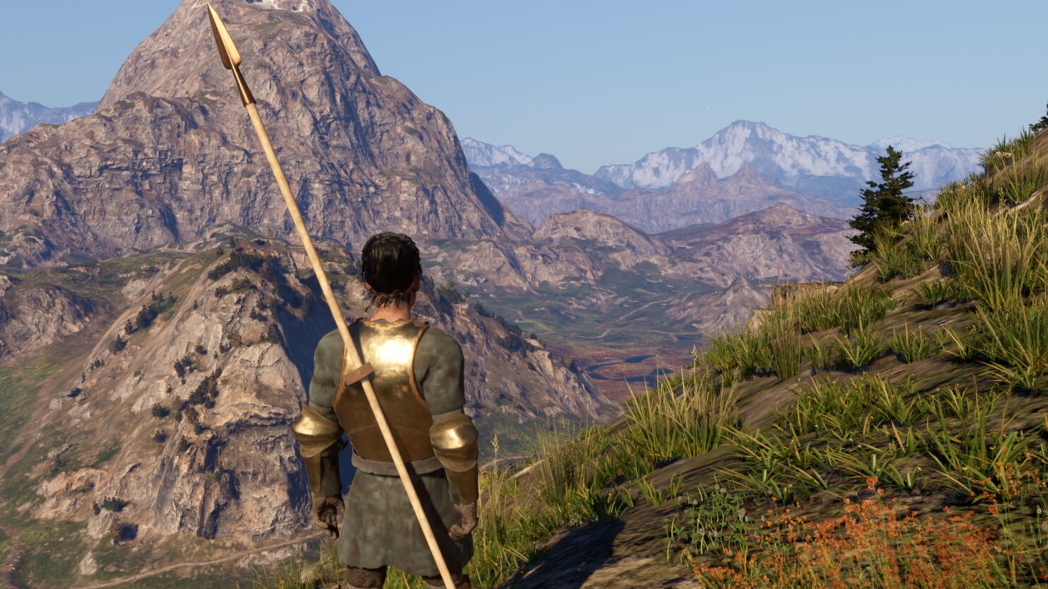 『Pax Dei』の拠点で「丸太の作業台」や「基本の鍛冶場」などのクラフト設備を背景に、自作したブロンズ装備を身にまとい、ソロでの冒険と職人としての成長を象徴するキャラクターのイメージ画像。